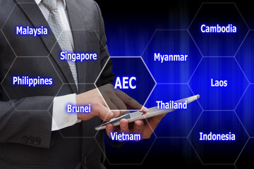 Businessman touching modern tablet with virtual panel of AEC (As