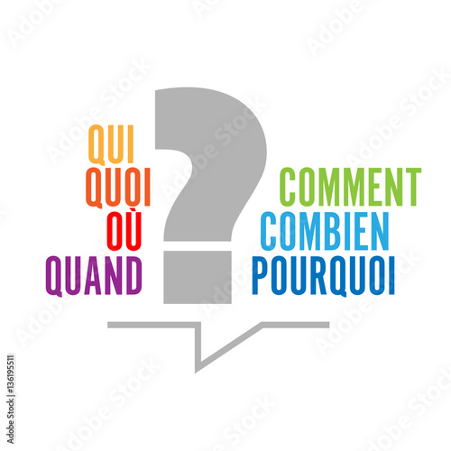 "Bulles "quoi, qui, où, quand, comment, combien, pourquoi ?"" Stock