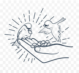 Linear silhouette  feeding birds from seeds hand