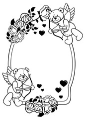 Oval label with outline roses and teddy bear.  Raster clip art.