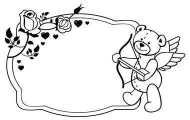 Oval label with outline roses and teddy bear.  Raster clip art.