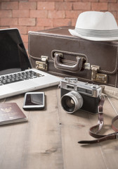 vintage camera and vintage tone, prepare accessories and travel