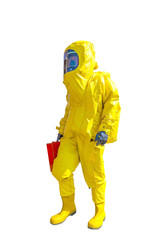 Obraz premium Man in yellow protective hazmat suit isolated on white