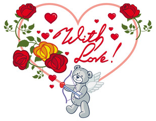 Heart-shaped frame with red roses and teddy bear. Raster clip art.