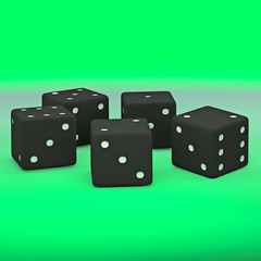 Black dice on a green background. 3D rendering