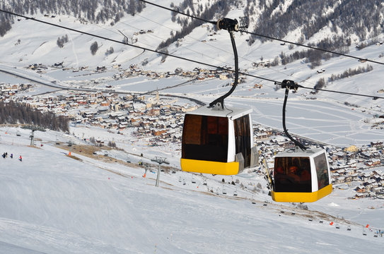 Cable Car In The Skiing Resort In Alps, Livigno, Italy