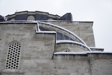 Details of The Mihrimah Sultan Mosque with Icicles in Winter Season at Uskudar
