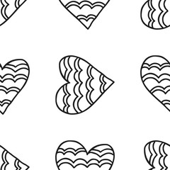 Black and white seamless pattern with decorative hearts for coloring
