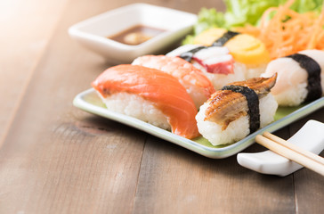 sushi with sauce and wasabi, Japanese food