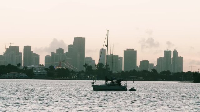 Sailboat Miami Florida Bay Timelapse Dusk City Skyline Background