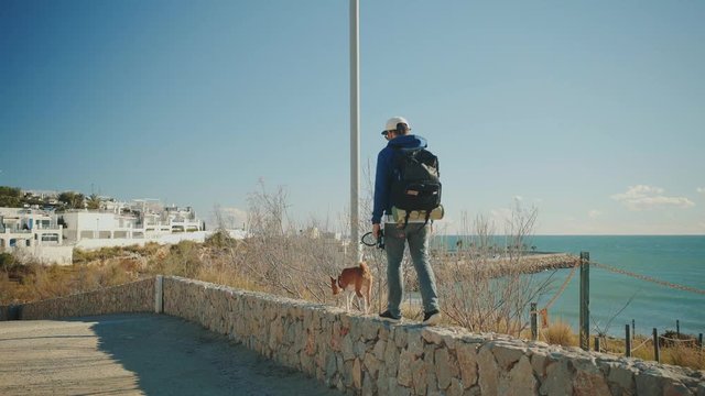 Male adventurer walks on railing with his basenji dog, carrying black traveller backpack at sunny day next to sea beach