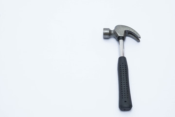 Stainless steel hammer with black handle on isolated white background