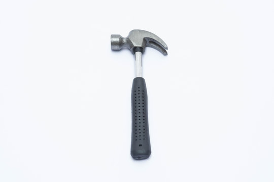 Stainless steel hammer with black handle on isolated white background