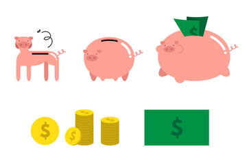 Vector illustration of piggy bank and money icons