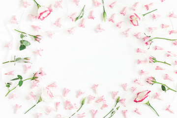 Flowers composition. Frame made of pink flowers. Valentine's Day. Flat lay, top view