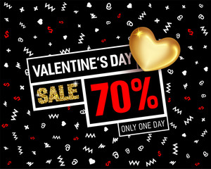 Valentines Day sale poster with glitter golden effect and gold glossy heart. Creative Sale and discount poster 70% off, Banner or Flyer design. Vector illustration