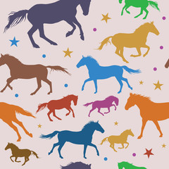 Seamless Pattern with colorful running horses on grey background