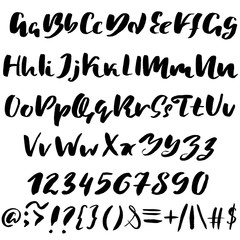 Hand drawn font made by dry brush strokes. Grunge style alphabet