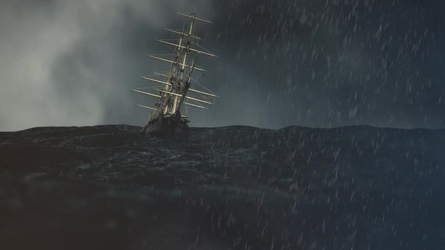vintage ship in distress during a storm in the sea 3D render