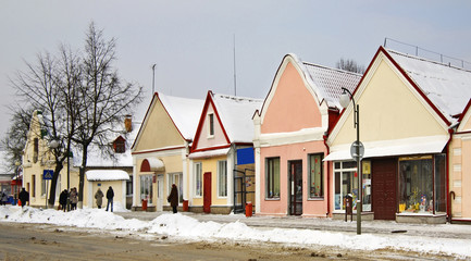 Fototapeta na wymiar Historical buildings on the Zholudev street in Vawkavysk. Belarus