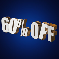 60 percent off letters on blue background. 3d render isolated.