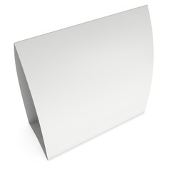 Blank paper tent card. 3d render illustration isolated. Table card mock up on white background.