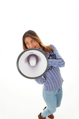 yong brunette businesswoman tells good news with megaphone white