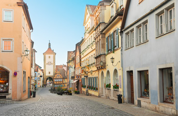 old street, Plonlein and city tower of Rothenburg ob der Tauber, Germany