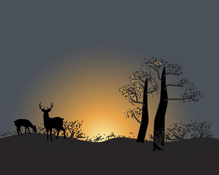 Tranquil silhouette of trees and animals on a sunset sky scene in nature
