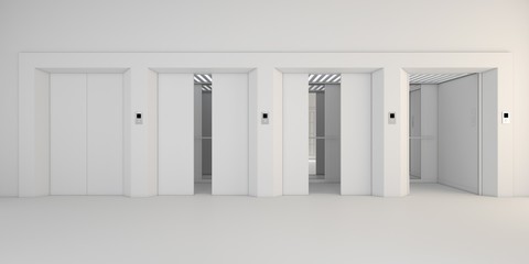 Modern metal elevator with open doors,white hall interior