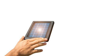 Male hand touching a solar cell panel frame as isolated background