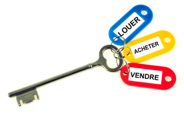 Une clé avec des porte-clés sur lesquels il y a écrit   louer, acheter et vendre