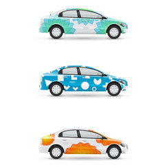 Mockup of white passenger car. Set of design templates for transport. Branding for advertising, business and corporate identity.