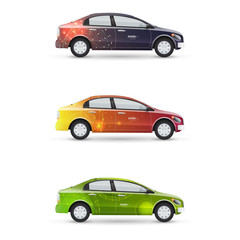 Fototapeta premium Set of design templates for transport. Mockup of white passenger car. Branding for advertising, business and corporate identity.