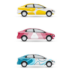 Mockup of white passenger car. Set of design templates for transport. Branding for advertising, business and corporate identity.