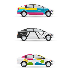 Mockup of white passenger car. Set of design templates for transport. Branding for advertising, business and corporate identity.