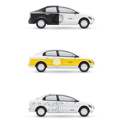 Set of design templates for transport. Mockup of white passenger car. Branding for advertising, business and corporate identity.