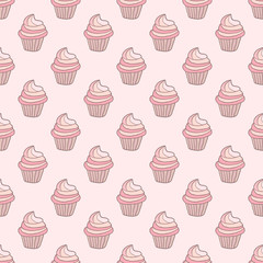 Simple hand drawn cupcake seamless pattern on pink background