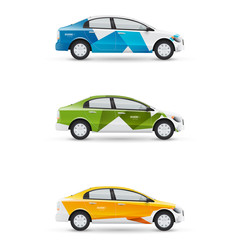 Fototapeta premium Mockup of white passenger car. Set of design templates for transport. Branding for advertising, business and corporate identity.