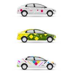 Naklejka premium Mockup of white passenger car. Set of design templates for transport. Branding for advertising, business and corporate identity.