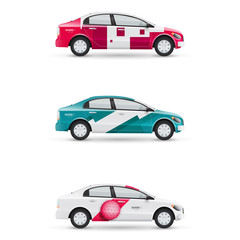 Obraz premium Set of design templates for transport. Mockup of white passenger car. Branding for advertising, business and corporate identity.