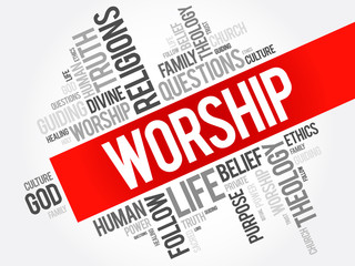 Worship word cloud collage, social concept background