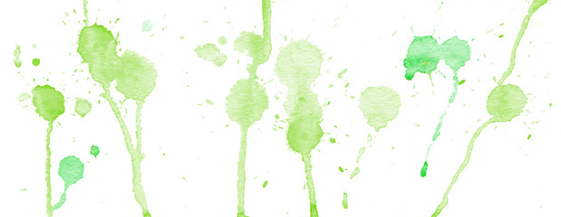 Fototapeta premium Green watercolor splashes and blots on white background. Ink painting. Hand drawn illustration. Abstract watercolor artwork. 
