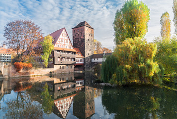 Old town of Nuremberg with half-timbered houses over Pegnitz river, Germany