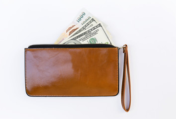 Cash in brown lady purse on white background