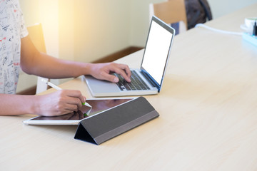 Interior designer hand working with new modern computer laptop a