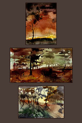 Set of three fall forest landscapes. Watercolor painting. Hand drawn. Can be used as greeting cards, nature background