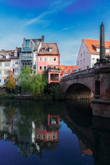 Naklejka premium View of Karlsbrucke and Old town of Nuremberg over Pegnitz river, Germany