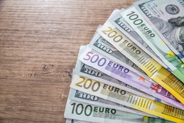 Euro money: closeup of 500 200 100 50 20 banknotes.