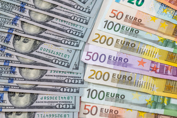 Fototapeta na wymiar many dollar and euro banknote as background.